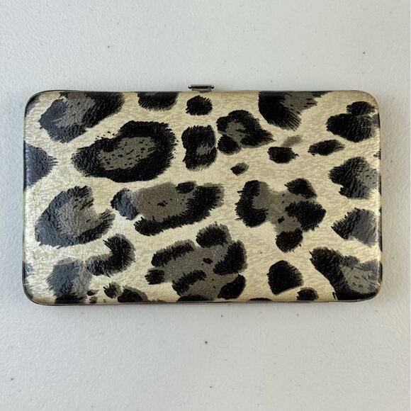 Lodis Patent Leather Black/Gray Leopard Print Silver Framed Clutch Wallet - Picture 1 of 4